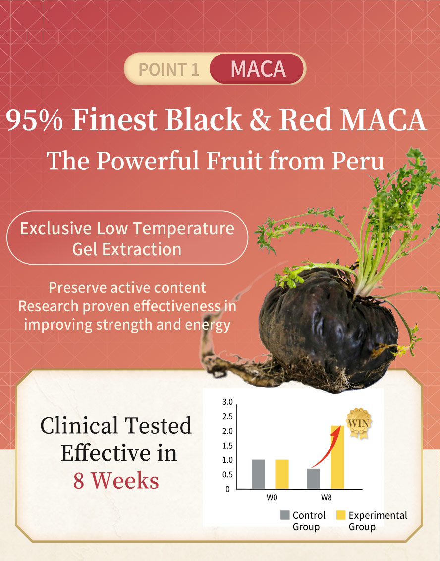 BHK's Maca with Rhodiola uses exlcusive low temperature gel extracted 95% black and red maca which clinical tested effectively improve strength and energy in 8 weeks.