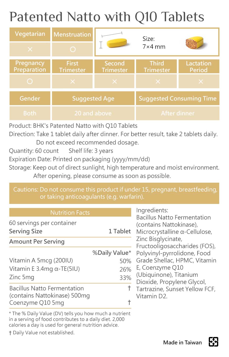 BHK's Natto with Q10 nutrition fatcs and directions.