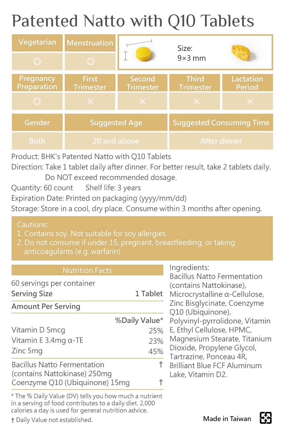 BHK's Natto with Q10 nutrition fatcs and directions.