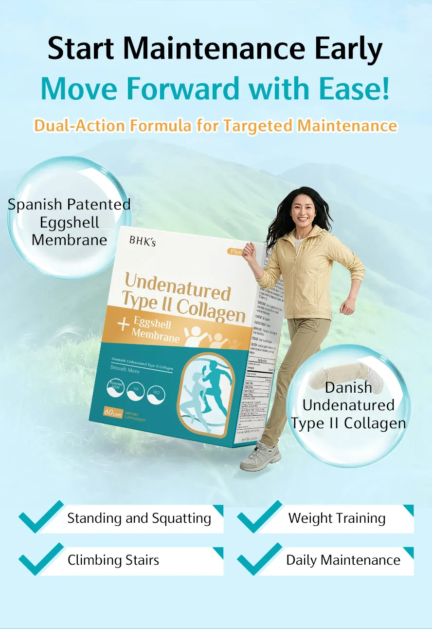 BHK's Undenatured Type II Collagen + Eggshell Membrane: A dual-action formula specifically developed for joint and cartilage damage.