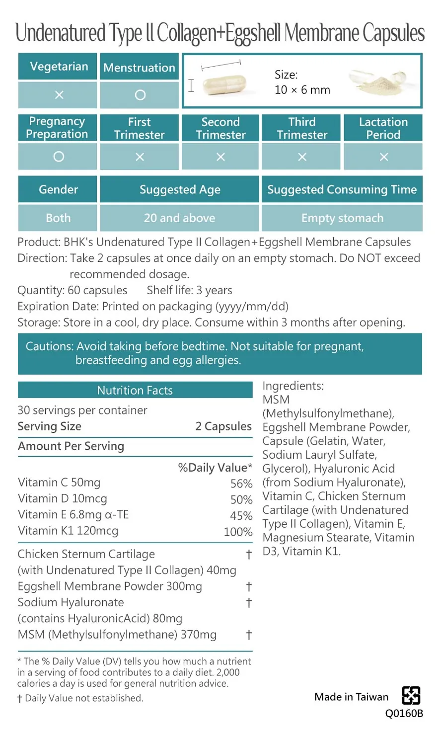 Nutrition Facts / Supplement Facts for BHK's Undenatured Type II Collagen + Eggshell Membrane.