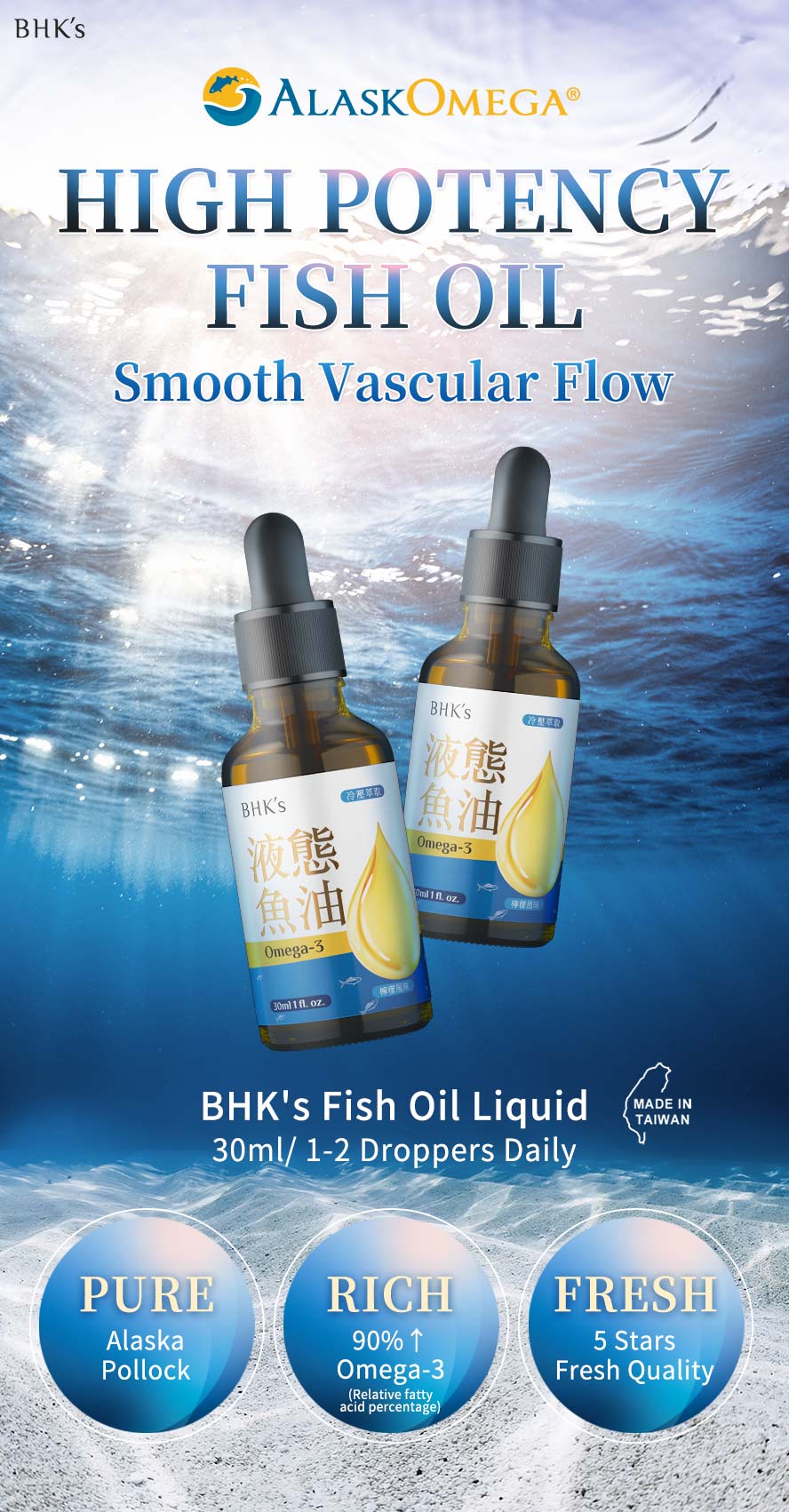 BHK's Fish Oil Liquid is pure and rich in omega-3 for smooth vascular flow and clear thought.