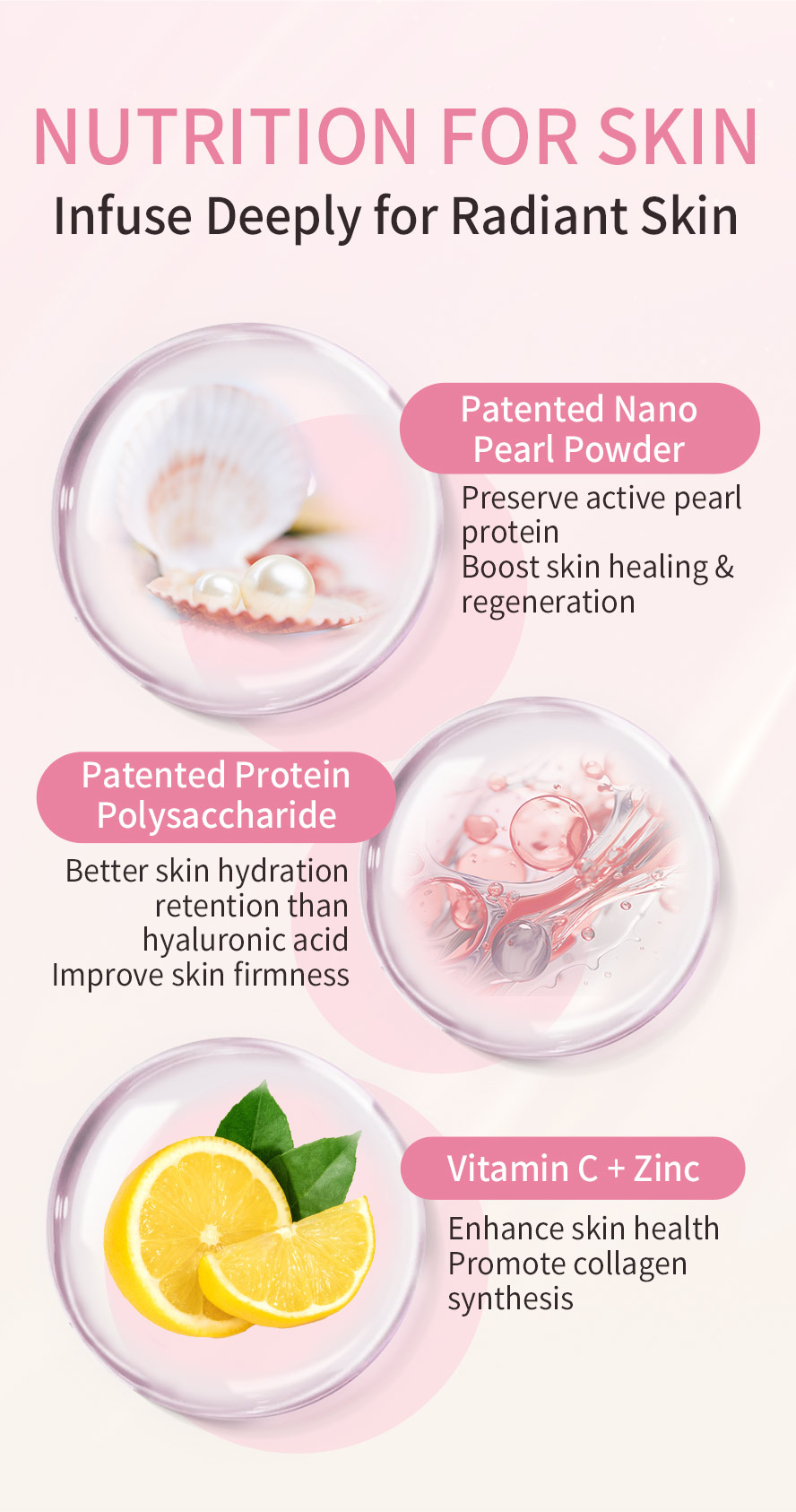 Nano pearl powder, protein polysaccharide, vitamin c, and zinc can boost skin regenaration, enhance skin hydration, and improve skin collagen synthesis for better beauty care effect