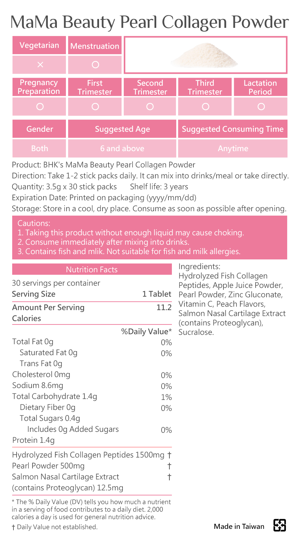 BHK's MaMa Beauty Pearl Collagen Powder uses hydrolyzed collagen and nano pearl powder for best beauty effect.