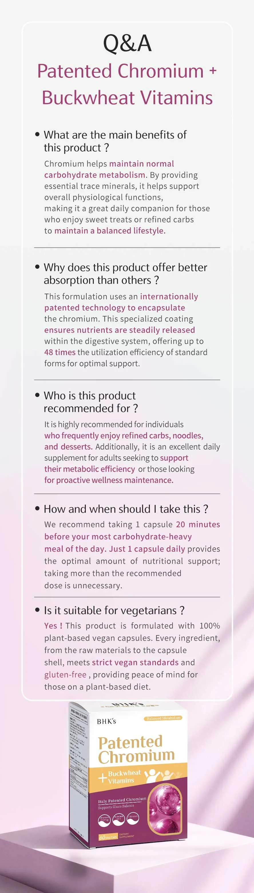 BHK's Patented Chromium + Buckwheat Vitamin Features, Benefits, and Vegetarian-Friendly Formula