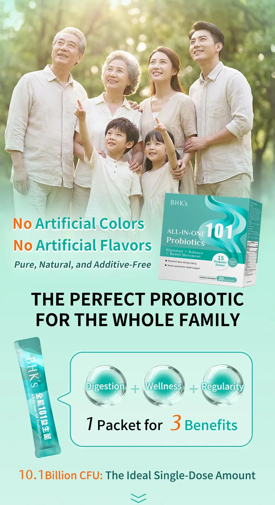 Formulated with 3 prebiotics and 2 postbiotics for comprehensive gastrointestinal support.