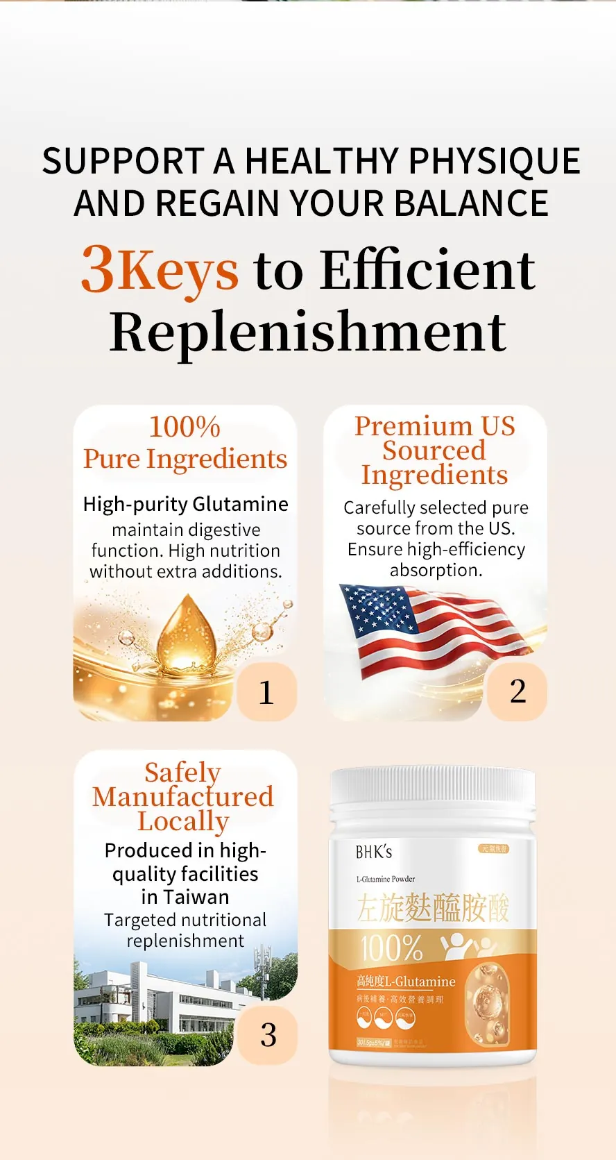 BHK's 100% L-Glutamine Is Made with High-Purity L-Glutamine Sourced from the USA