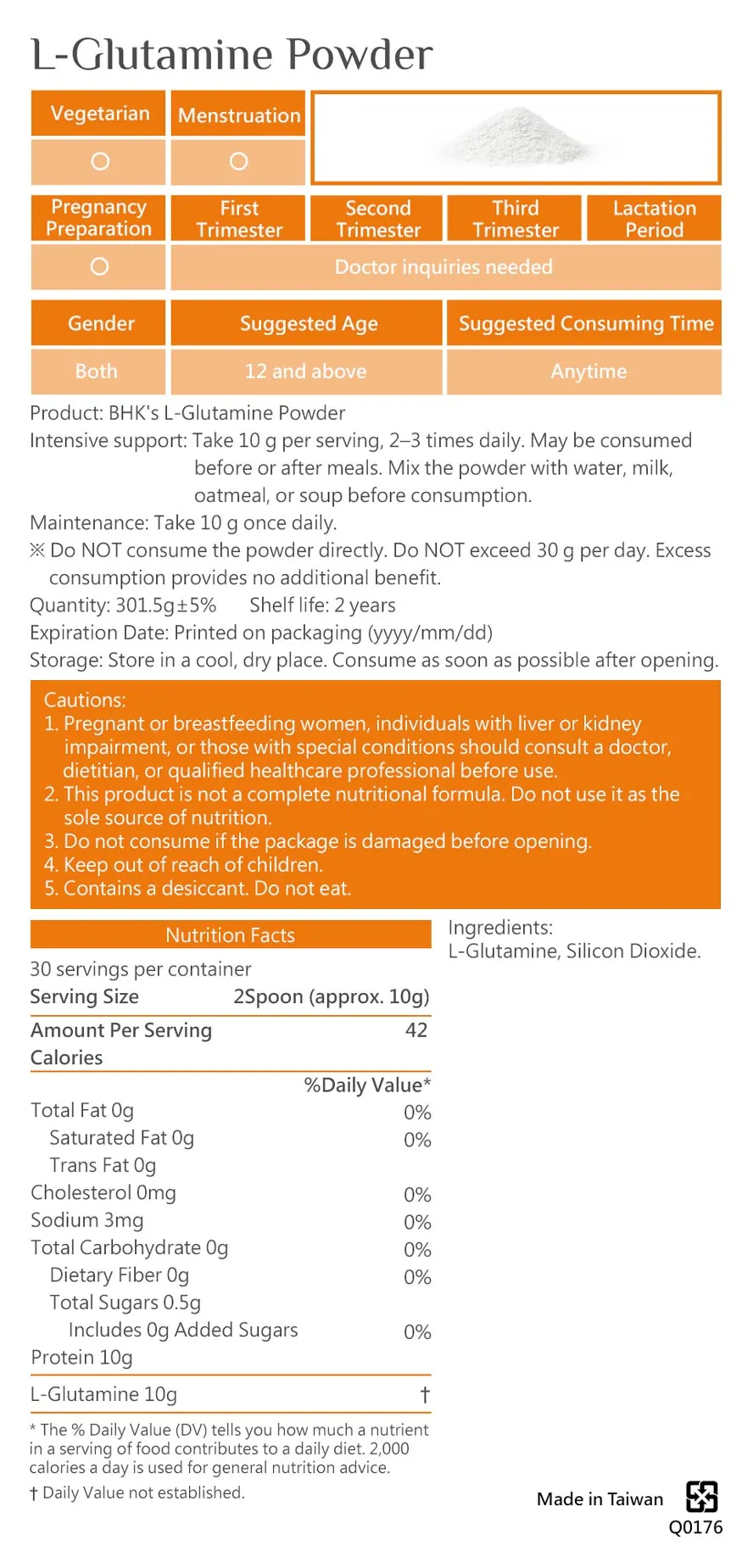 BHK's 100% L-Glutamine Nutrition Facts