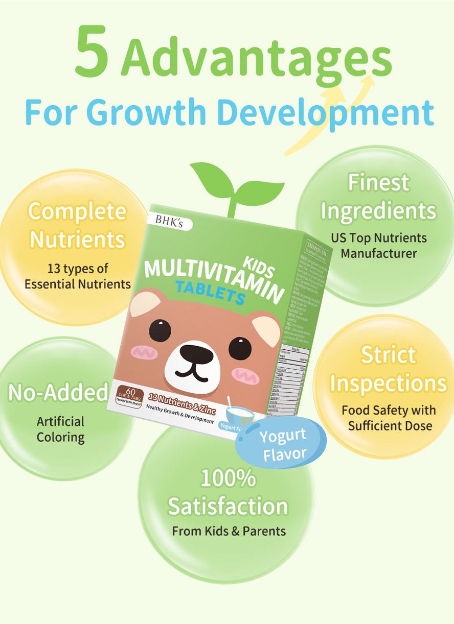 BHK's Kids Multivitamin has 15 types of essential nutrients, no artificial coloring, strict inspection for food safety & 100% high satisfaction from children