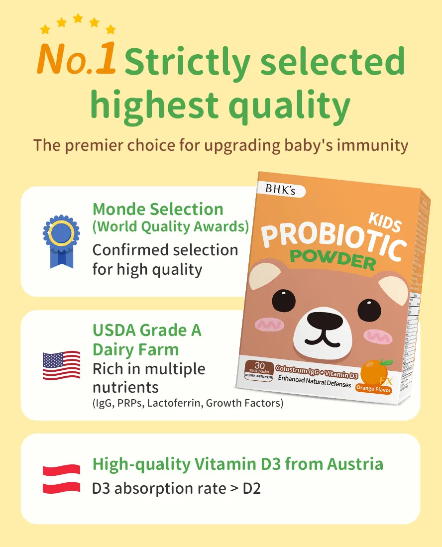 BHK's Kids Probiotic Powder EX strictly selects high-quality patented ingredients, contains no artificial flavors or colors, and has been recognized by international awards.