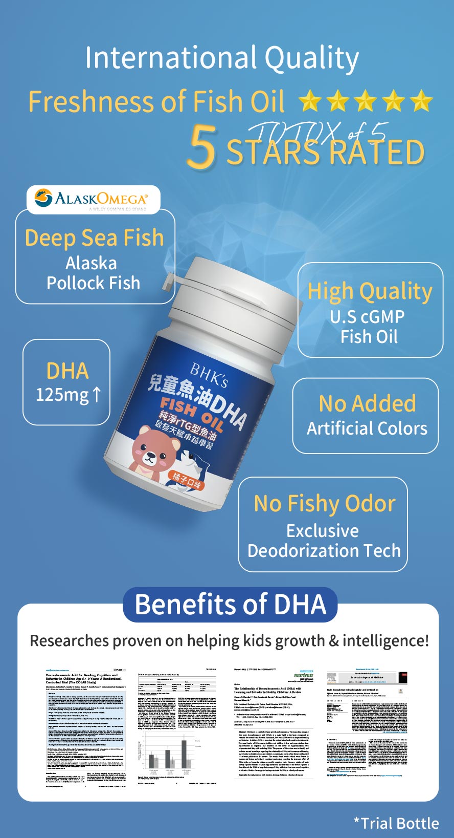 Carefully selected DHA with rTG type, easy to absorb, fulfil TOTOX standardization, with no fishy taste, no colorant, and easy to chew softgel to supplement kids needs without any hustle