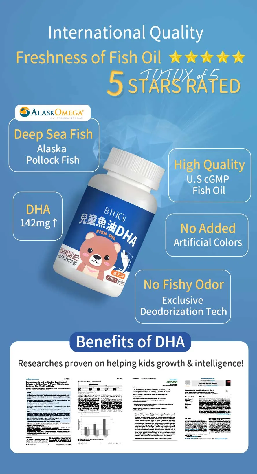 Specifically desgined for children and students, BHK kids DHA fish oil contains 125mg of DHA, with patented Phospholipidserine, vitamin A, D, and E to promote children's growth and development