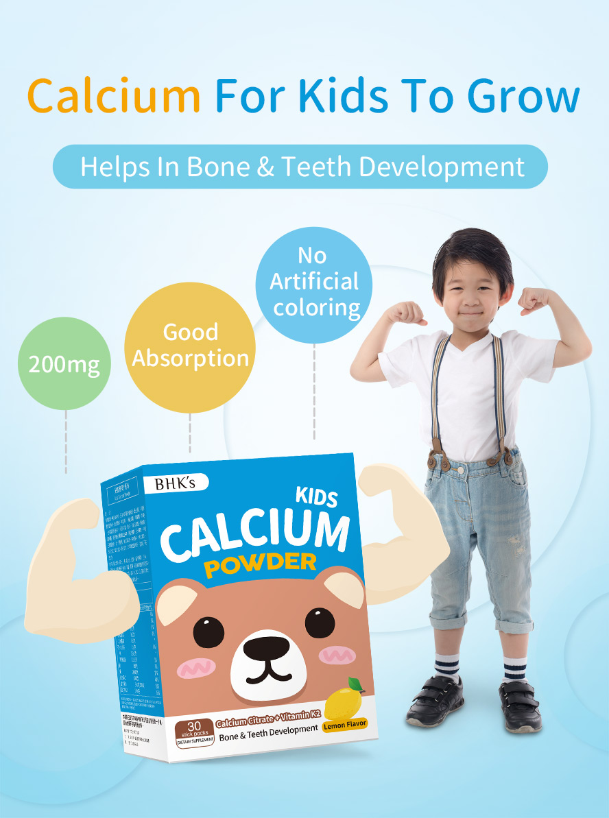 BHK's Kids Calcium Powder has 200mg of calcium with high good body absorption and no artificial coloring.