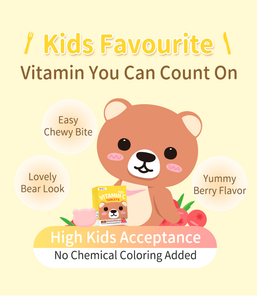 BHK's Kids Vitamin C is very popular supplemnent to kids with easy chewy bite, lovely bear looking, tasty berry flavor & no chemical coloring added