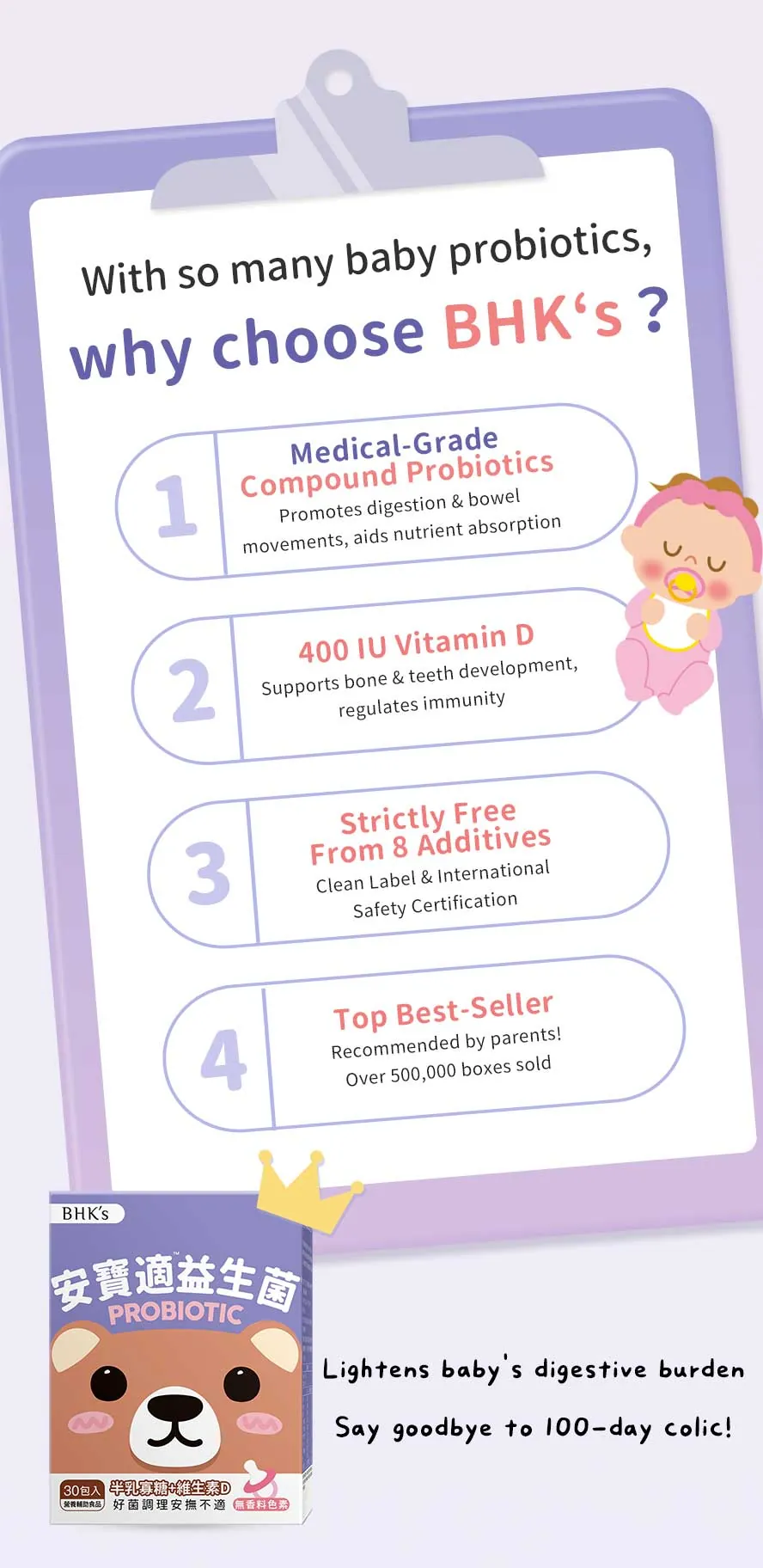 Most newborn nighttime crying is caused by digestive discomfort; BHK's Baby Probiotic Powder helps maintain a balanced gut flora.