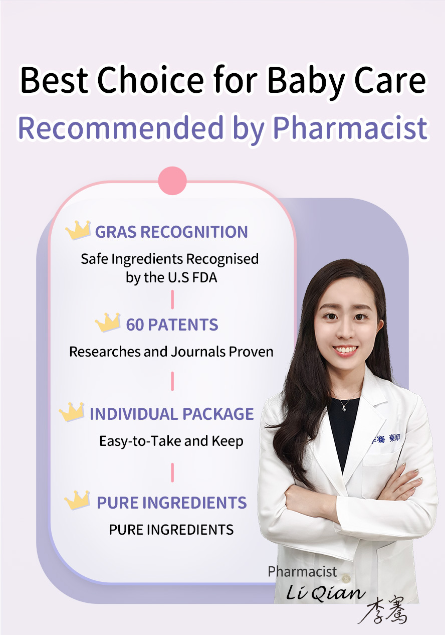 BHK's Baby Probiotic Powder is recommended by pharmacist with GRAS recignition, journals proven 60 patents, compact individual package, and pure ingredients for infants gut care.
