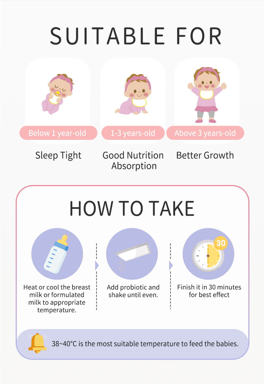 BHK's Baby Probiotic Powder is suitable mix with milk or water for infant from newborn to above 3 years old.