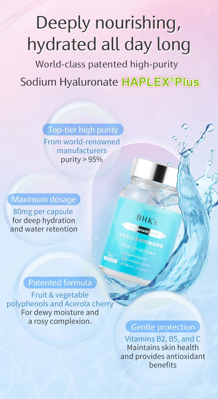 BHK's Hyaluronic Acid: High-dose formula for internal hydration and instant skin rehydration.