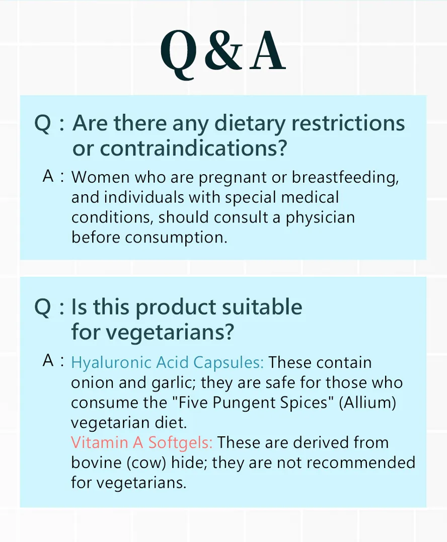 Hyaluronic acid and Vitamin A are vegan-friendly. For pregnant women or those with specific medical conditions, please consult a physician before use.