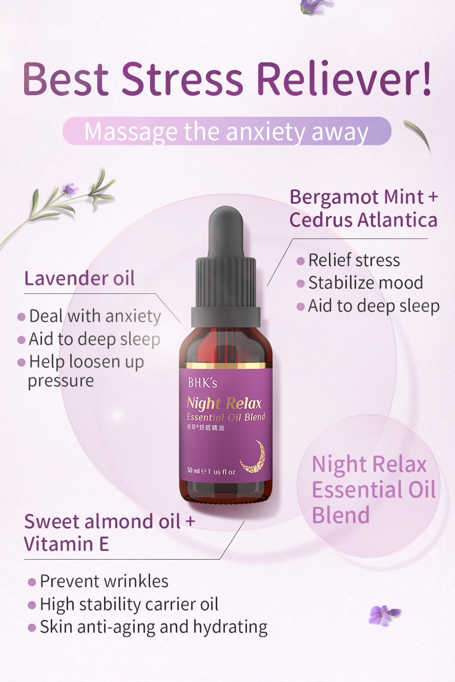BHK Night relax essential oil, suitable to be used as massage oil to relieve tension, relax muscle, achieve peaceful state of mind for a better sleep.