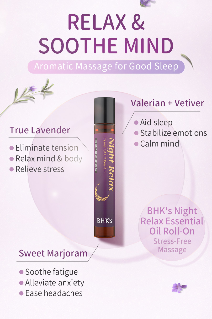 BHK Night relax essential oil, suitable to be used as massage oil to relieve tension, relax muscle, achieve peaceful state of mind for a better sleep.