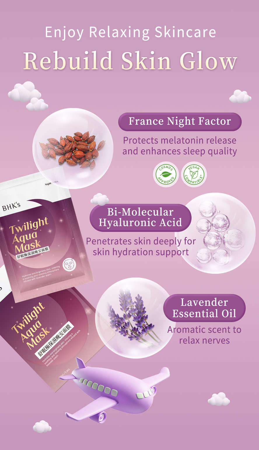 BHK's Twilight Aqua Mask uses Hyaluronic Acid, lavender essential oil to deeply support skin hydration and relax nerves