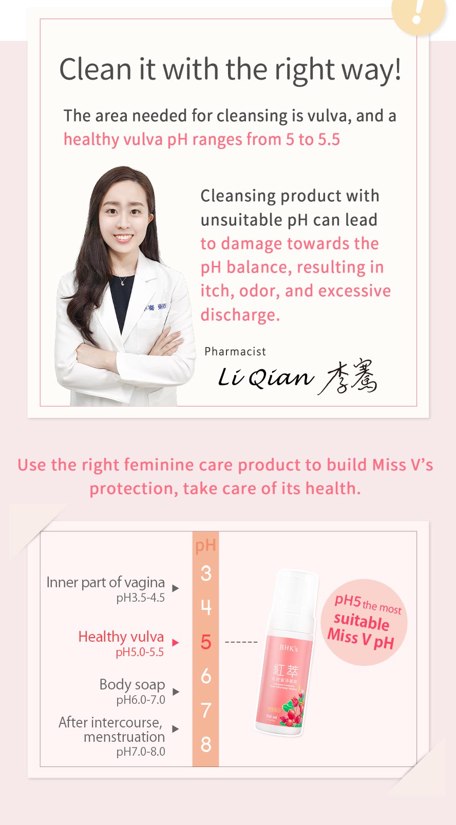 Maintaining the pH balance of the vagina is essential for woman's health, use BHK feminine care cleansing mousse that is highly recommended by pharmacists