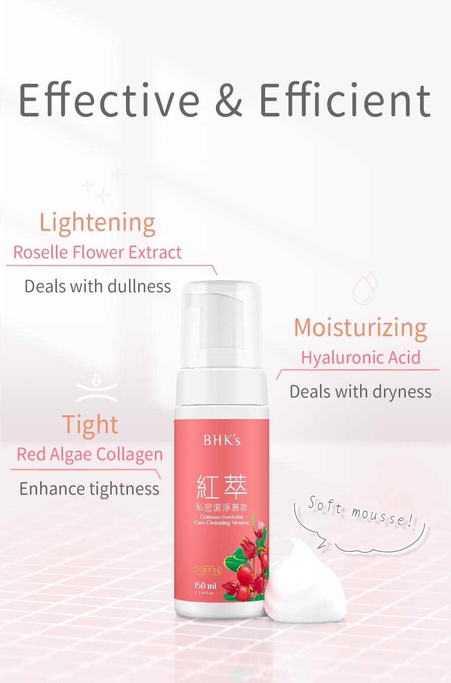 Uncomfortable feeling when private area is not tight and dull? Use BHK's Crimson Feminine Care Cleansing Mousse EX to maintain firmness, reduce private area aging, and moisturizing
