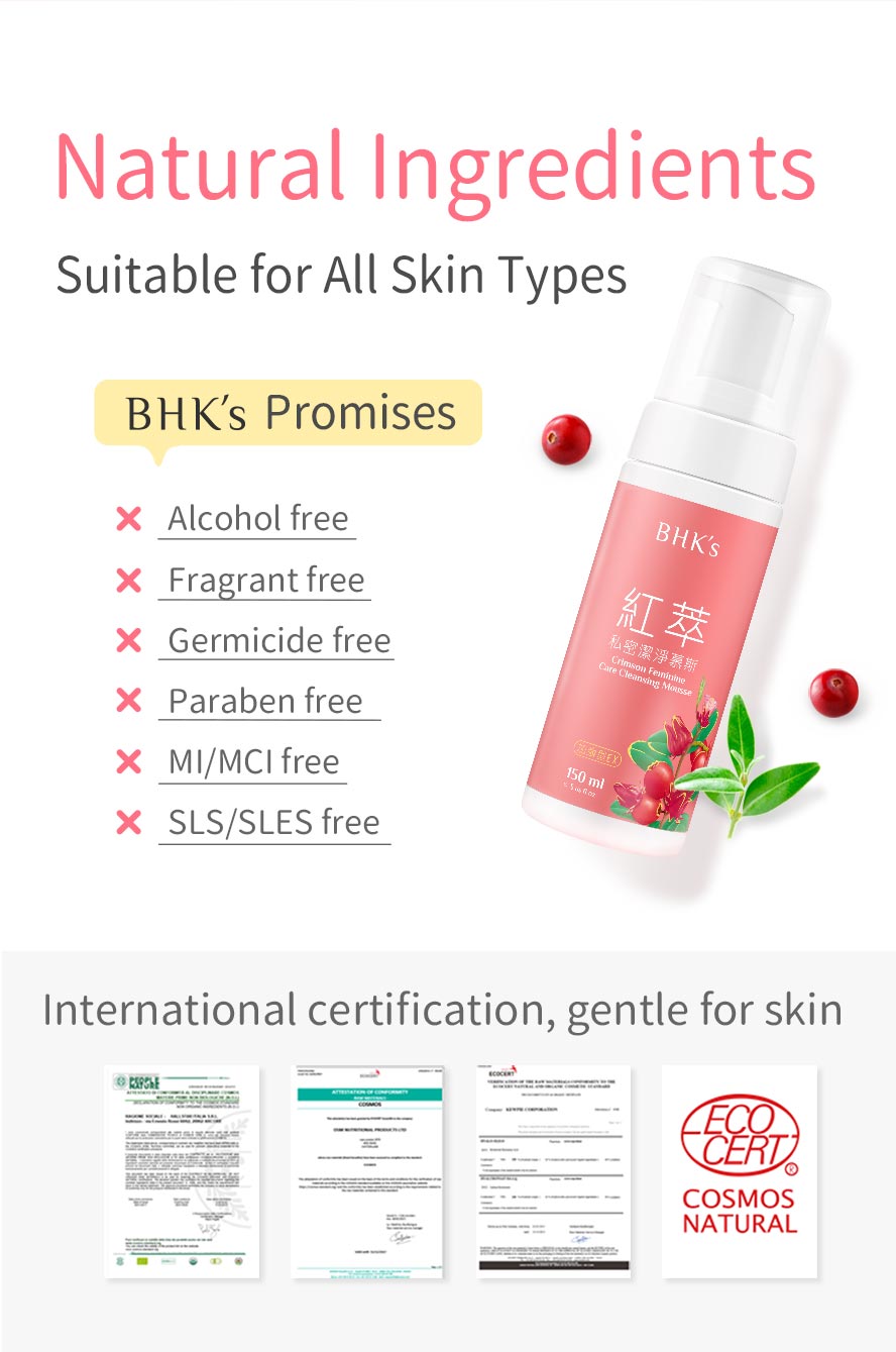 BHK crimson feminine mousse doesn't contain alcohol and artifical perfume, gentle formulation suitable for sensitive skin