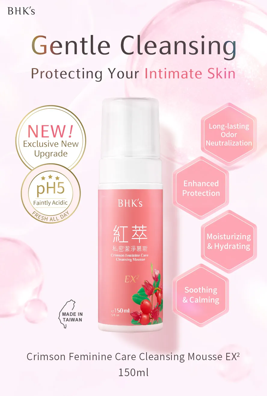 BHK's Crimson Feminine Care Cleansing Mousse EX2 is ideal for daily intimate care. Its weakly acidic pH 5 formula provides gentle cleansing and reliable protection.