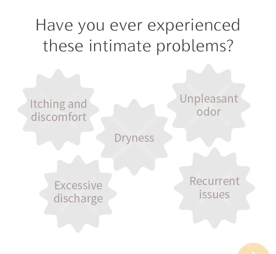 Common intimate issues: itching, excessive discharge, dryness, fishy odor, and recurring intimate discomfort.