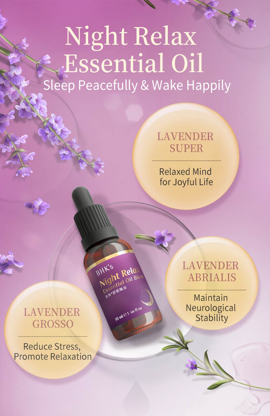 BHKs night relax aromatherapy with selected herbal plant extracts ingredients with soft and pleasant lavender smell, Cedrus Atlantica with woody tone to reduce stress, and bergamot mint to help you sleep soundly
