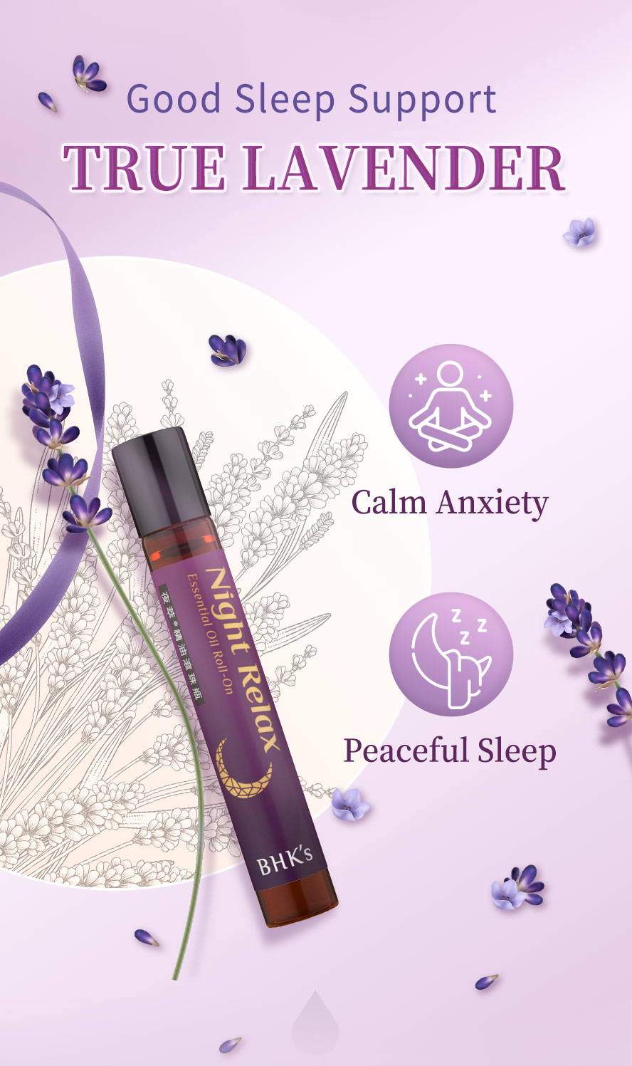 BHK's Night Relax Essential Oil Roll-On uses true lavender essential oil to calm anxiety and promote peaceful sleep.