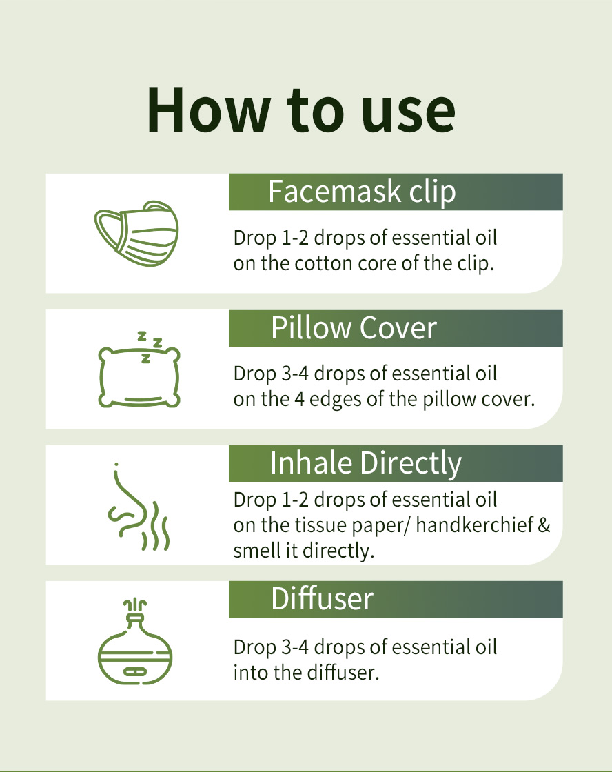 BHK's Breathe Ease Essential Oil can be used in facemask clip, aroma diffuser clip, pillow cover, direct inhalation & common diffuser