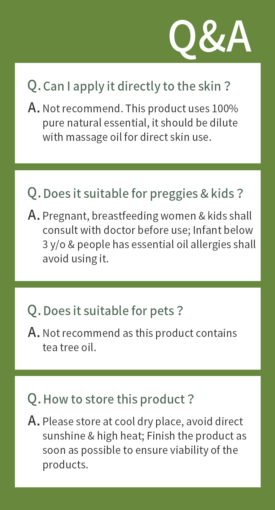 BHK's Essential Oil cannot be used on pets & not recommended to apply it directly on skin