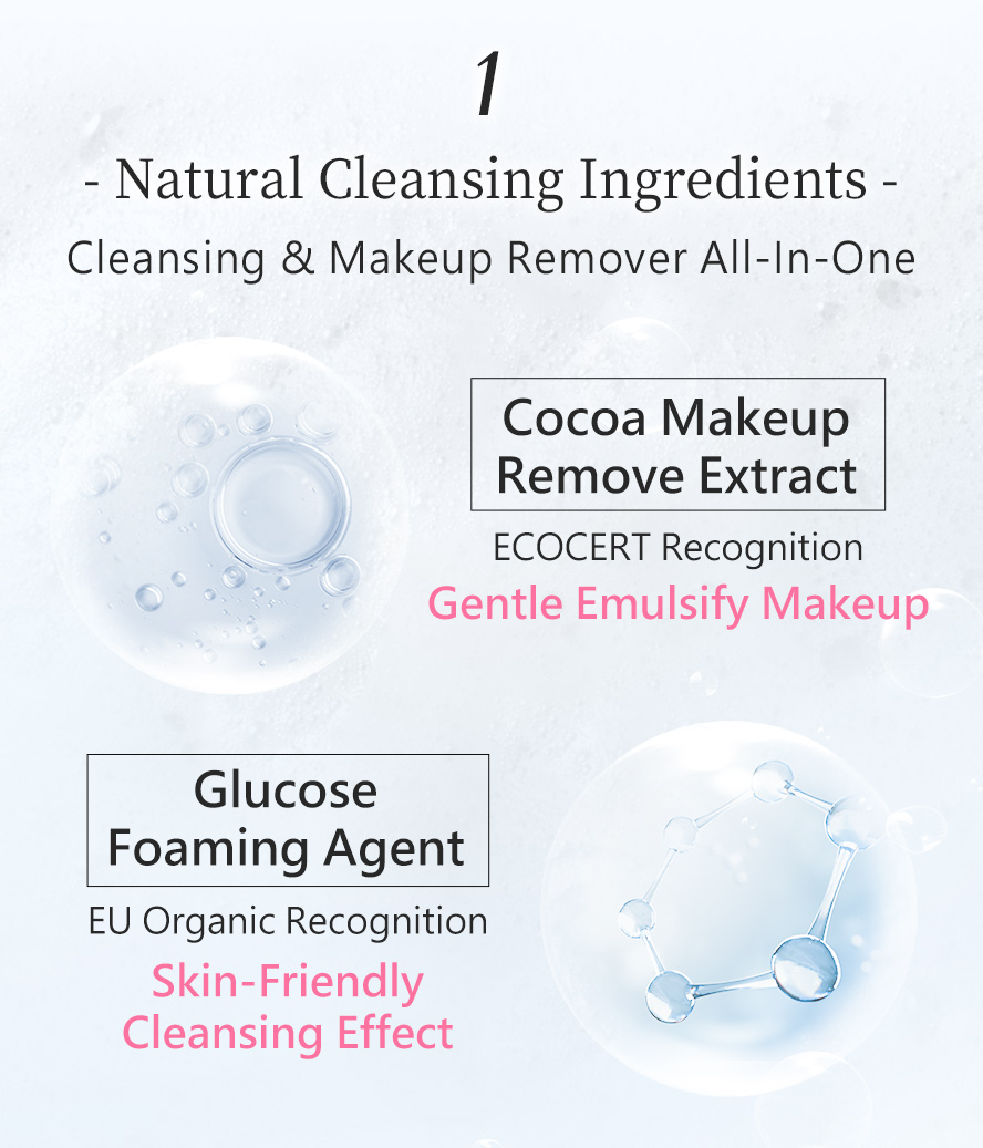 Hypoallergenic cleansing agent with gentle makeup emulsifier ingredients to remove dirt and makeup easily.