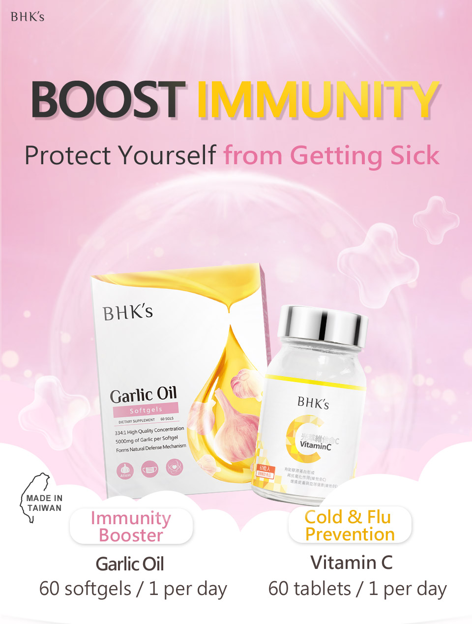 BHK’s Concentrate Garlic and Vitamin C provide immune, heart and skin for a healthy and energized well-being.
