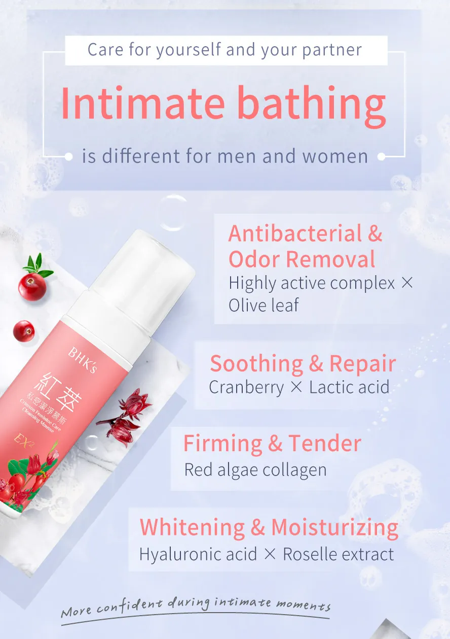 BHK's Crimson Feminine Care Cleansing Mousse EX features a herbal plant-based formula to effectively soothe itching, eliminate odors, and restore firmness and brightness.