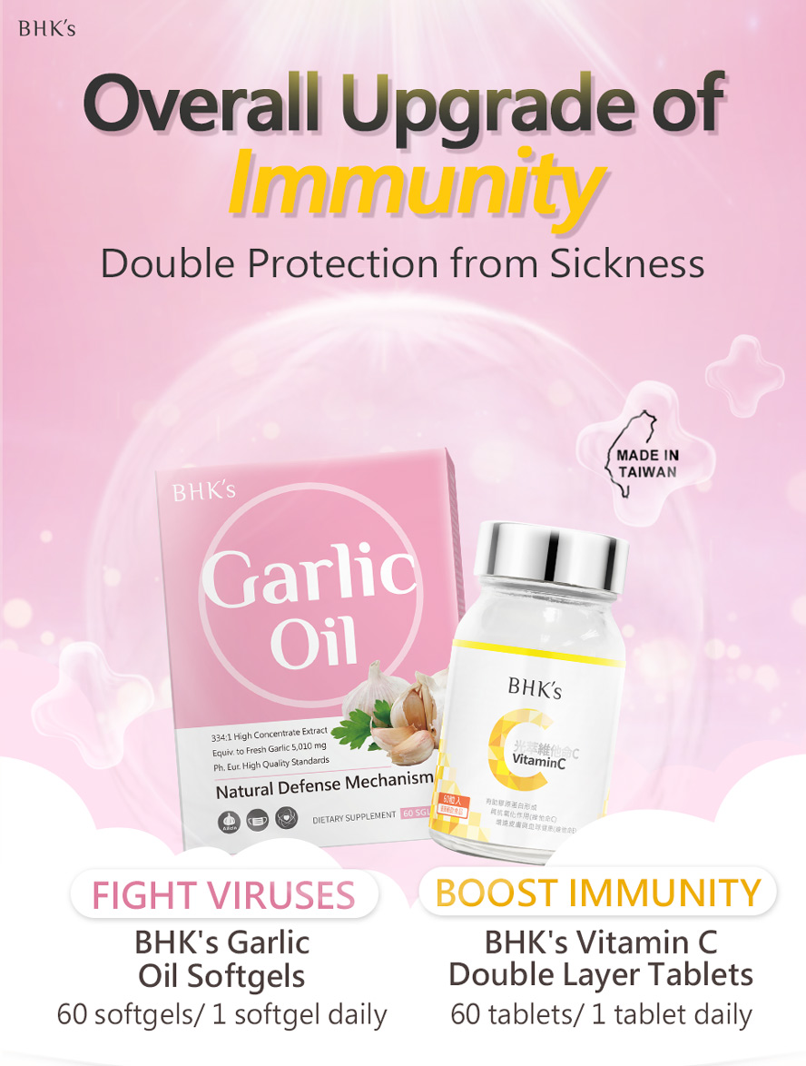BHK's Garlic Oil Softgels and Vitamin C provide immune, heart and skin for a healthy and energized well-being.
