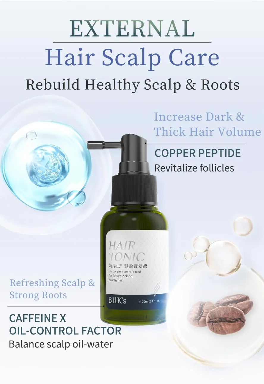 BHK's Hair Toinc contains copper peptide, caffeine and oil-control factor to promote build thick strong hair with refreshing hair roots.