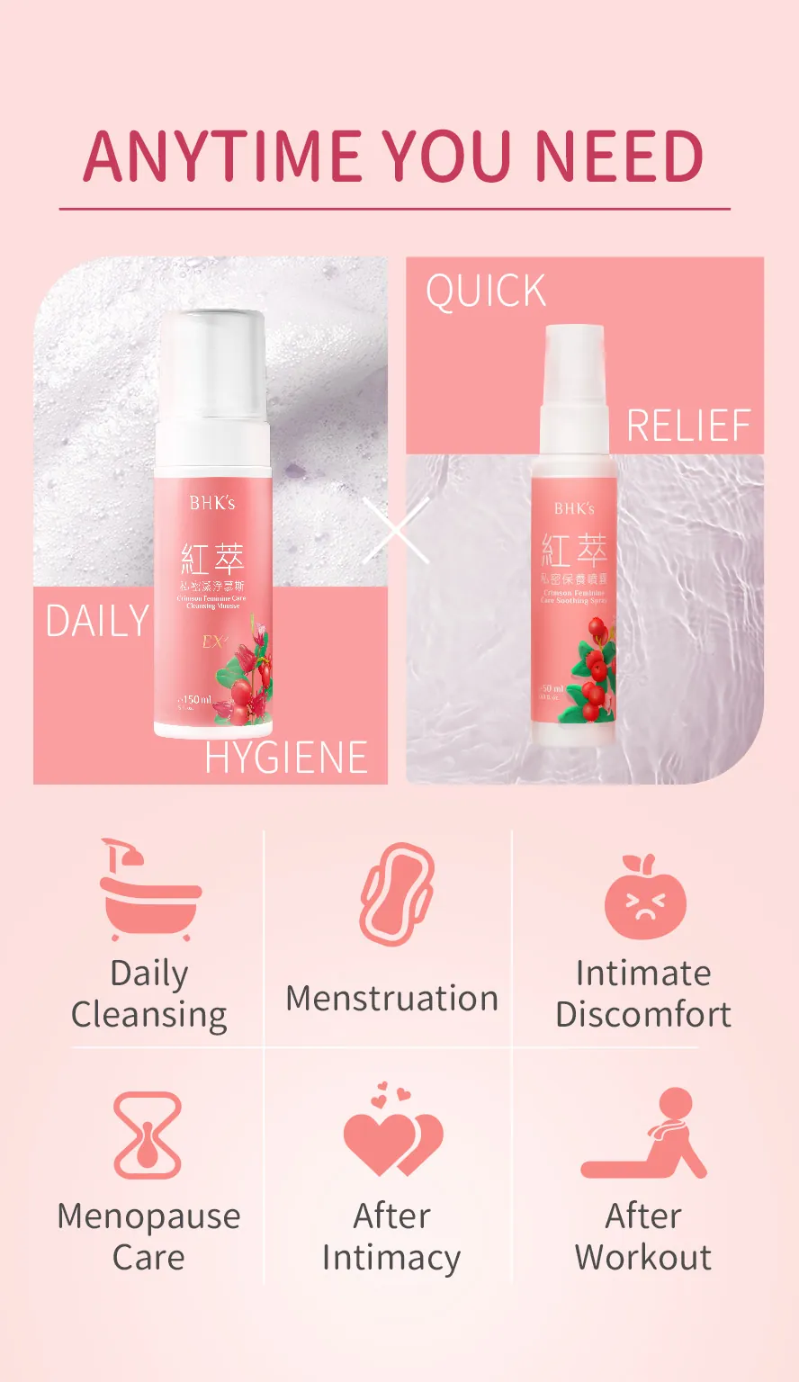 When to use BHK's Crimson Feminine Care Cleansing Mousse EX2 + Crimson Feminine Care Soothing Spray.