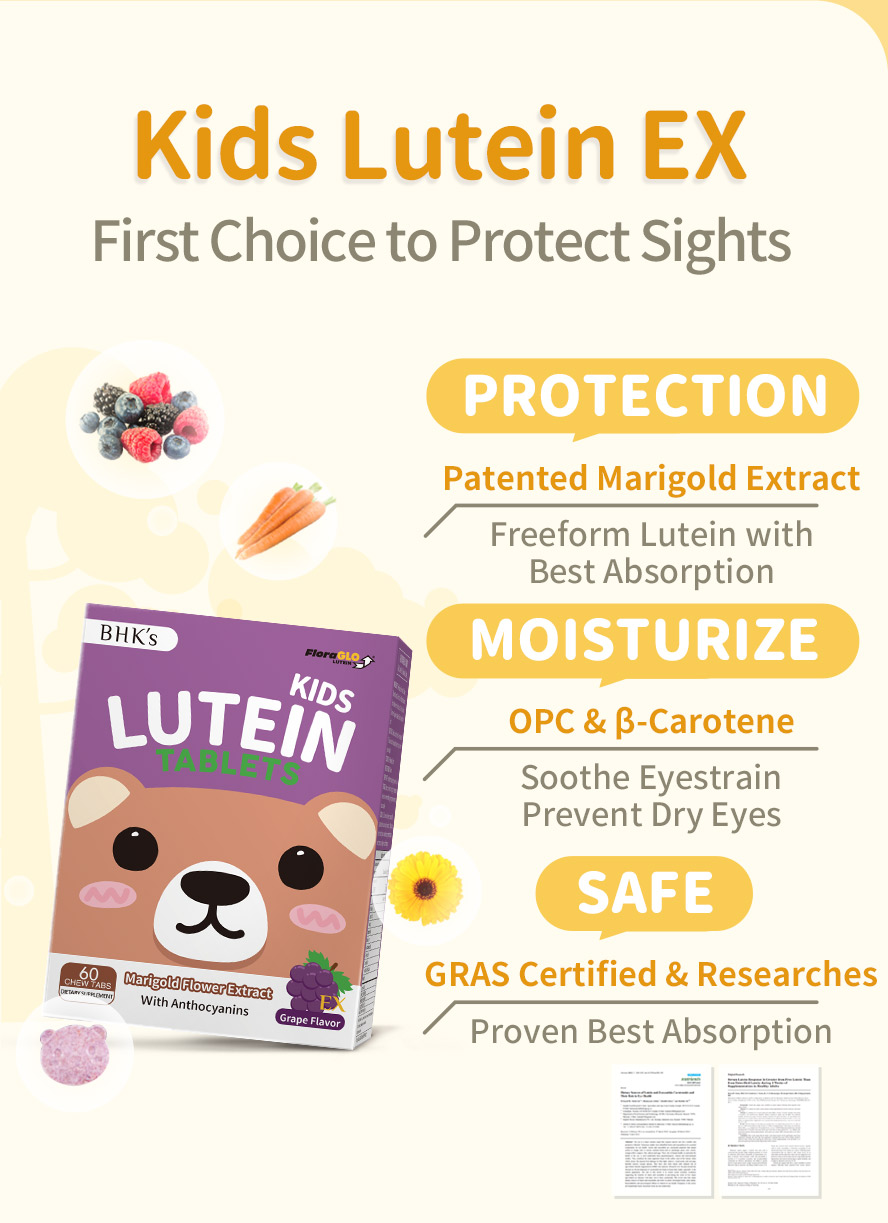 BHK's KIds Lutein EX uses patented marigold extract with high absorption & added with anthocyanins, the best choice for children's eyes care