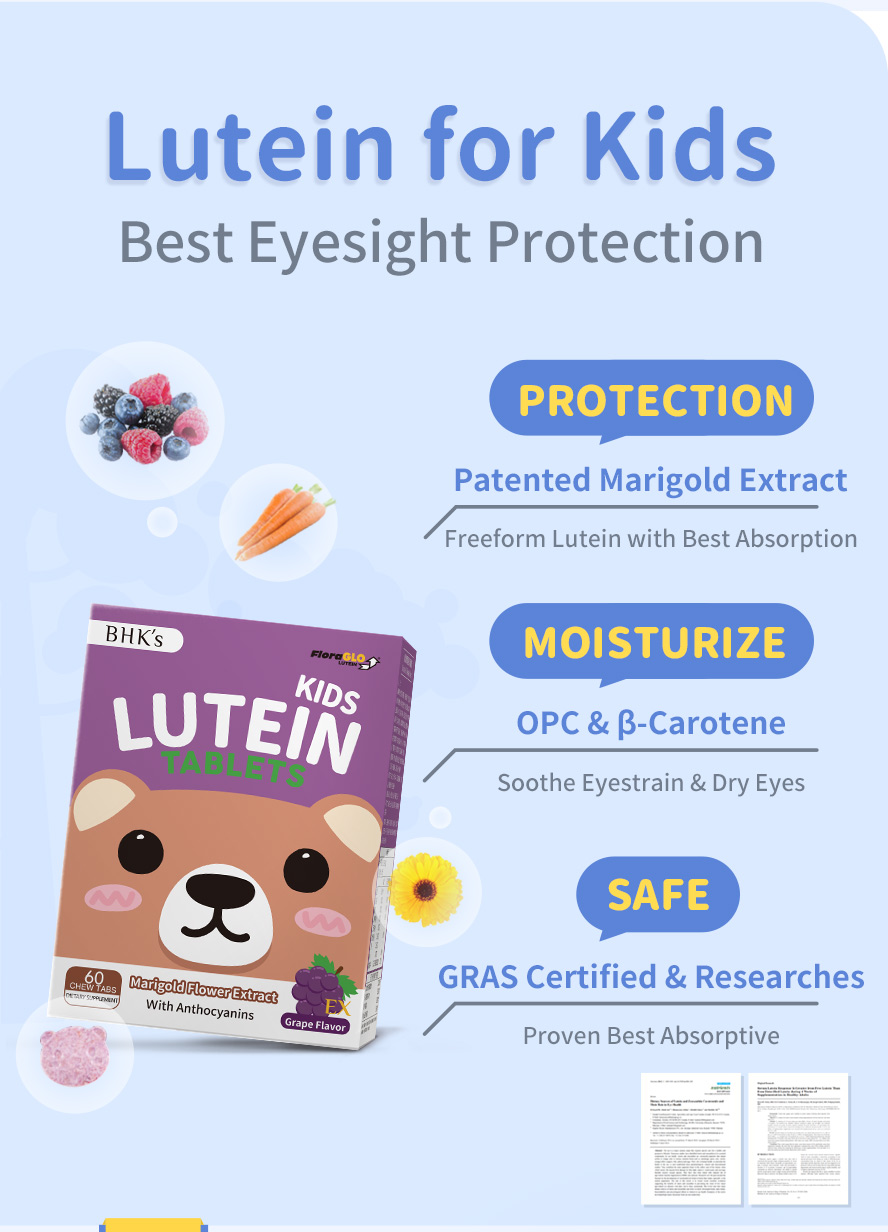 BHK's KIds Lutein EX uses patented marigold extract with high absorption & added with anthocyanins, the best choice for children's eyes care