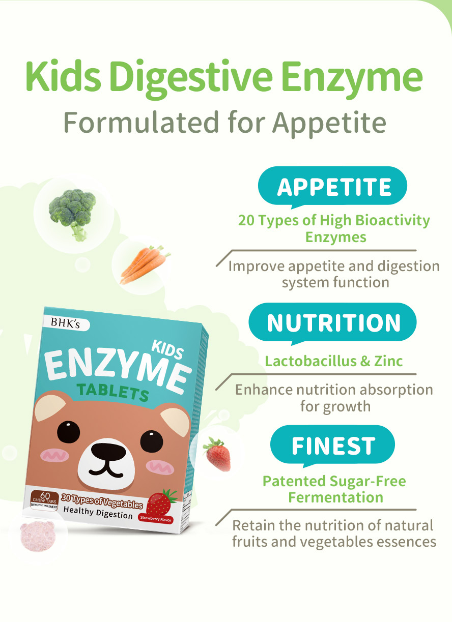 BHK's Kids Enzyme is formulates with 20 types of enzymes, lactibacillus and zinc with patented sugar-free fermentation to improve apptetite, digeation and enhance nutrition absorption