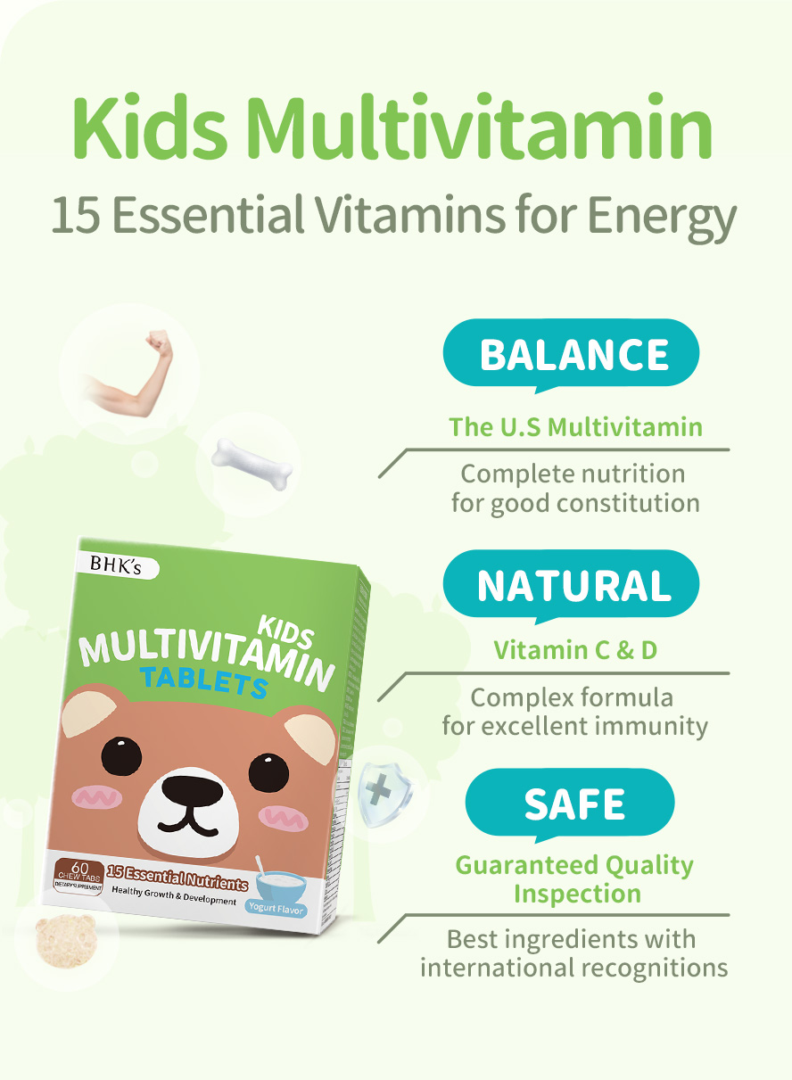 BHK's Kids Multivitamin has 15 essential vitamins by the U.S Multivatimin with vitamin C & D for nutrition supply and build strong body constitution