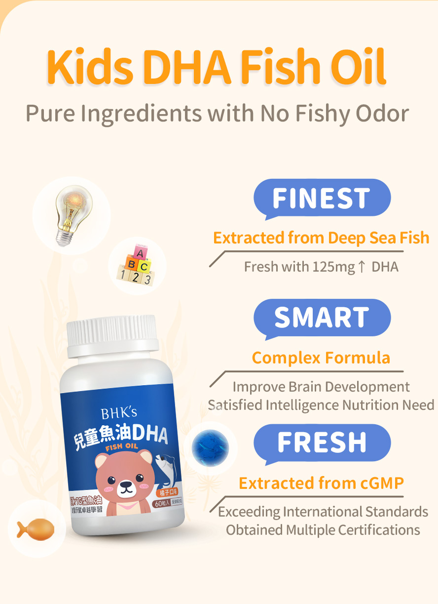 BHK's Kids Fish Oil uses rTG form deep fish oil with certified quality, pure ingredient with best absorption for toddler's brain development with no fishy odor