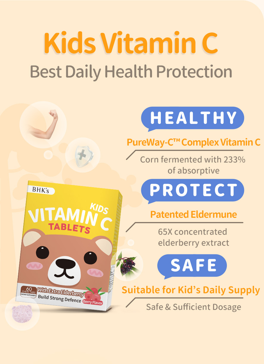 BHK's Kids Vitamin C uses pureway-c vitamin and patented high concentrated eldermune for high absorptive and sufficient dosage to strengthen children's health barrier