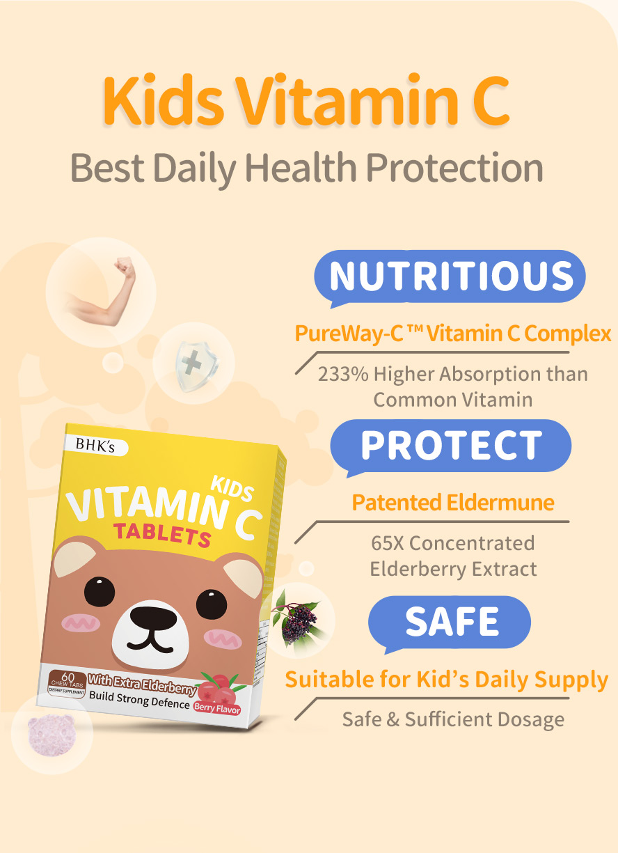 BHK's Kids Vitamin C uses pureway-c vitamin and patented high concentrated eldermune for high absorptive and sufficient dosage to strengthen children's health barrier