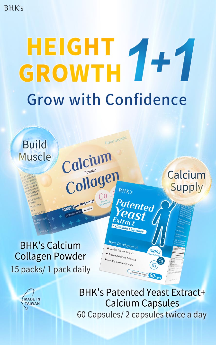 BHK's Calcium Collagen Powder + Patented Yeast Extract + Calcium can help with children's muscle building and supply calcium for height growth support.