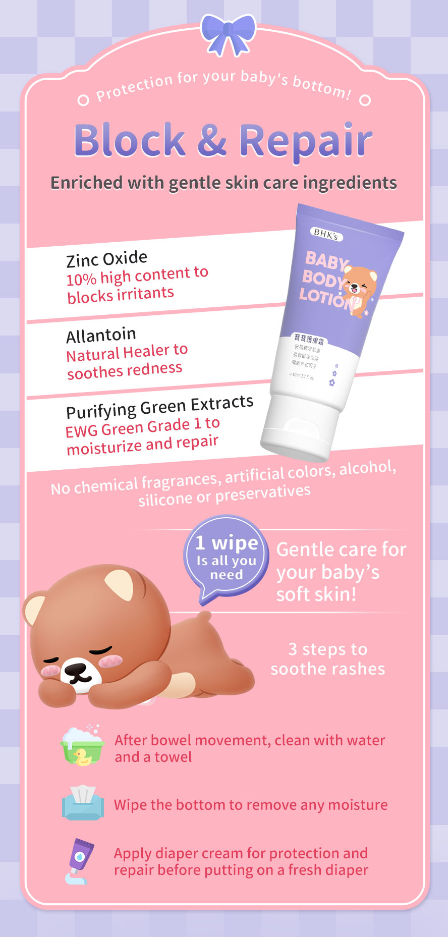BHK’s Baby Body Lotion protects against diaper rash, soothes redness, moisturize and repair skin